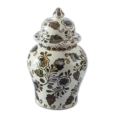Beige & Brown Handmade Talavera Style Decorative Ginger Jar