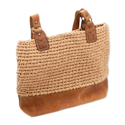 Beige Crocheted Shoulder Bag with Leather Trim