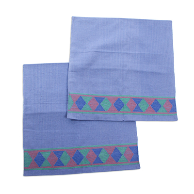 2 Handwoven Blue Cotton Cushion Covers w/ Purple & Green