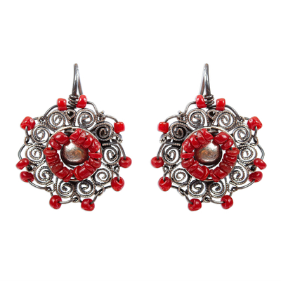 Red Crystal Sterling Silver Filigree Drop Earrings