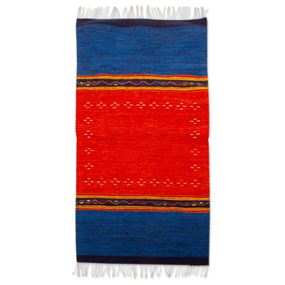 Blue and Red Hand Woven Zapotec Wool Rug (2.5x5)