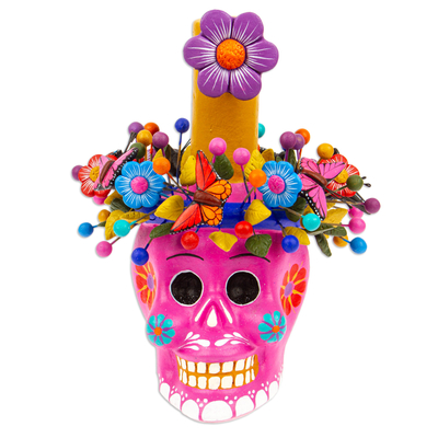 Fuchsia Floral Ceramic Skull Taper Candleholder