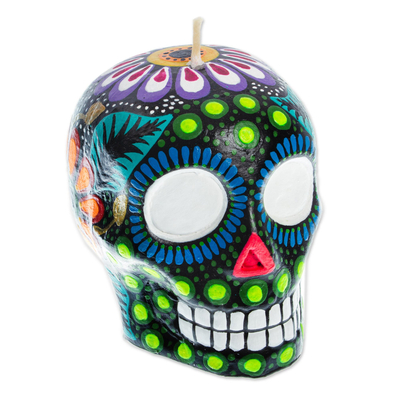 Colorful Black Floral Mexican Day of the Dead Skull Candle
