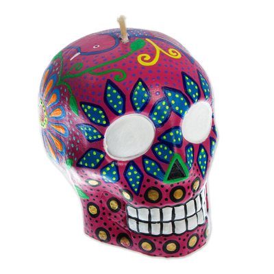 Deep Rose Hand Painted Mexican Day of the Dead Skull Candle