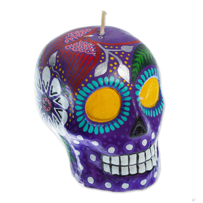 Colorful Purple Floral Mexican Day of the Dead Skull Candle