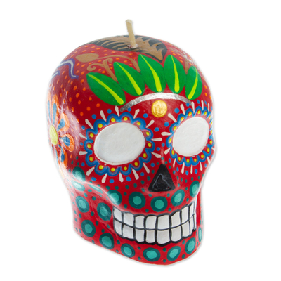 Hand Painted Mexican Day of the Dead Red Skull Candle