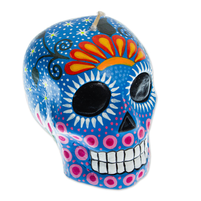 Mexican Day of the Dead Blue Skull Candle with Stars