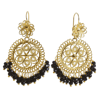 Gold Plated Chandelier Earrings with Black Crystal