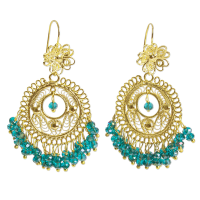 Blue Crystal and Gold Plated Filigree Chandelier Earrings