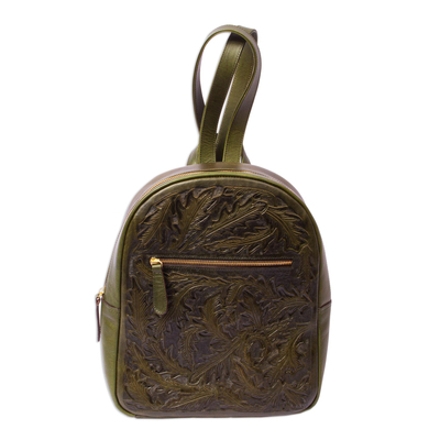 Hand Tooled Olive Leather Backpack