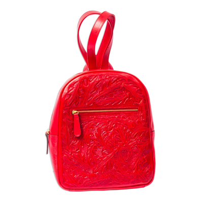 Bright Red Tooled Leather Backpack