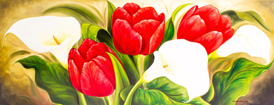 Signed Realistic Oil Painting of Red Tulips and Lilies