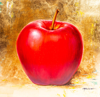 Signed Realistic Oil Painting of a Red Apple