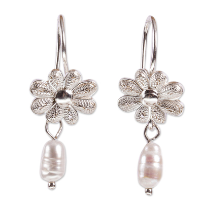 Mexican Sterling Silver Daisy Earrings with Cultured Pearl