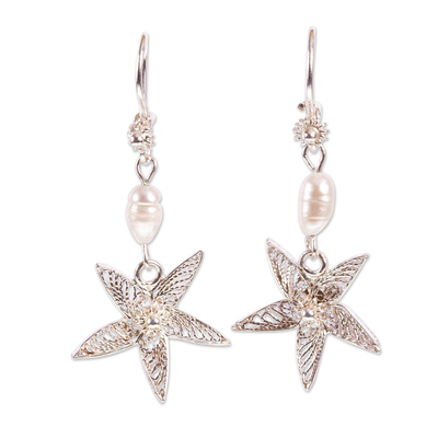 Sterling Silver Filigree and Cultured Pearl Dangle Earrings
