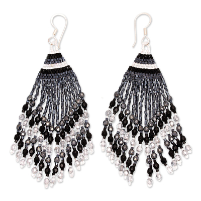 Huichol Silver Grey & Black Beadwork Waterfall Earrings
