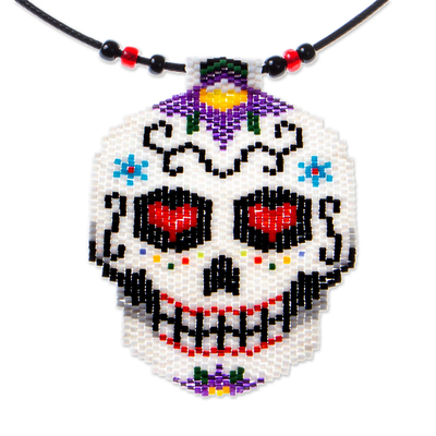 Beadwork Day of the Dead White-Lilac Skull Huichol Necklace