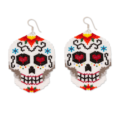 Beadwork Day of the Dead White Skull Huichol Earrings