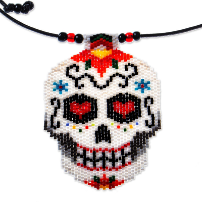 Beadwork Day of the Dead White Skull Huichol Necklace