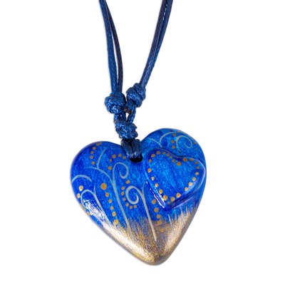 Papier Mache Blue Heart Necklace with Golden Accents