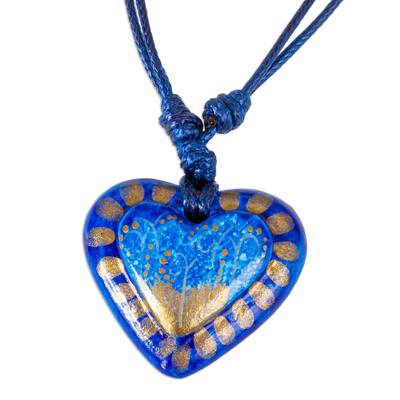 Papier Mache Adjustable Blue Heart Golden Trim Necklace