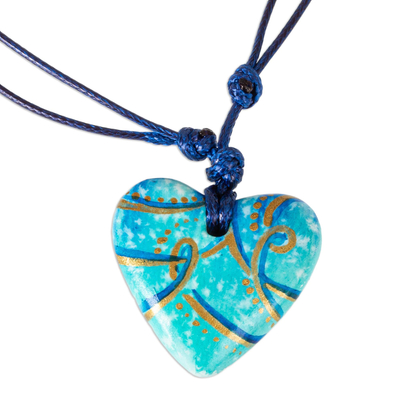 Papier Mache Blue & Aqua Golden Accent Heart Necklace