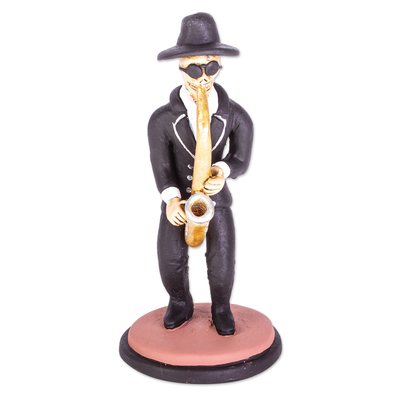 Ceramic Skeleton Saxophone Player Sculpture from Mexico