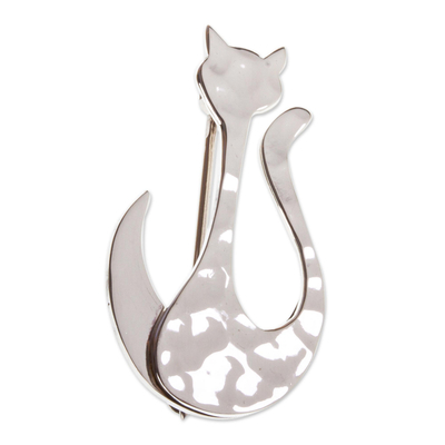 Taxco Sterling Silver Handcrafted Modern Cat Brooch Pin