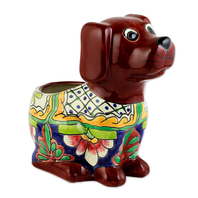 Talavera Style Dog-Themed Ceramic Planter from Mexico