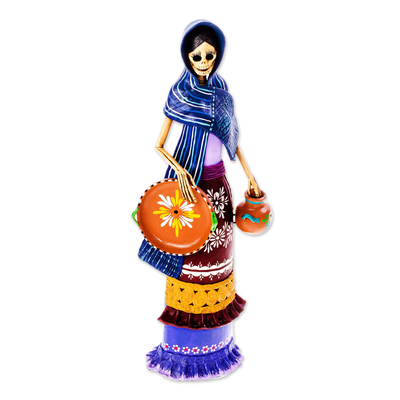 Ceramic Catrina Sculpture with Blue Mantle from Mexico