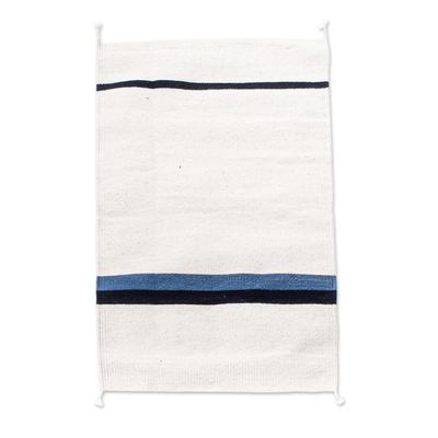 Handwoven Modern Zapotec Wool Rug in Blue and White