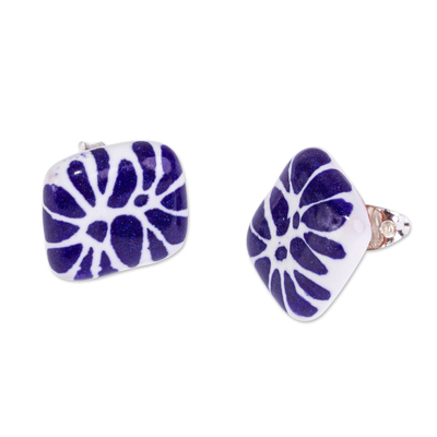 Blue & White Ceramic Talavera Style Square Stud Earrings