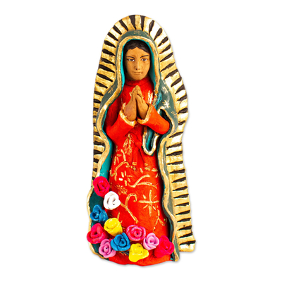 Ceramic Guadalupe Virgin with Roses Sculpture from Mexico