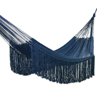 Fringed Navy Cotton Rope Hammock (Double) From Mexico