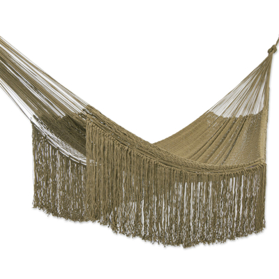 Fringed Olive Green Cotton Rope Double Hammock Mexico