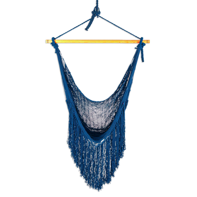 Fringed Navy Cotton Rope Mayan Hammock Swing from Mexico