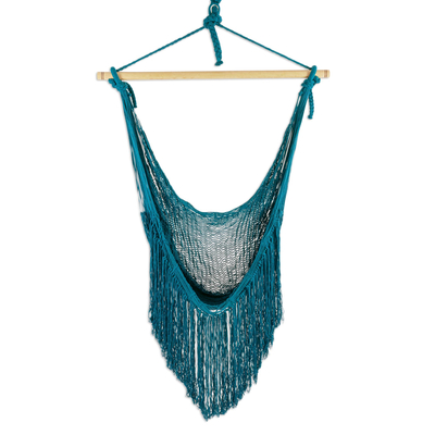 Fringed Teal Cotton Rope Mayan Hammock Swing from Mexico