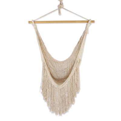 Ivory Fringed Cotton Rope Mayan Hammock Swing from Mexico
