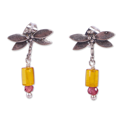 Amber and Amethyst Silver Dangle Earrings from Mexico