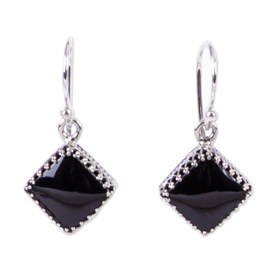 Modern Taxco Silver and Obsidian Dangle Earrings from Mexico