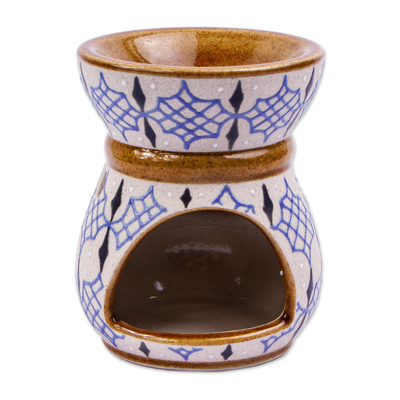 Hand Painted Beige and Blue Ceramic Oil Warmer from Mexico