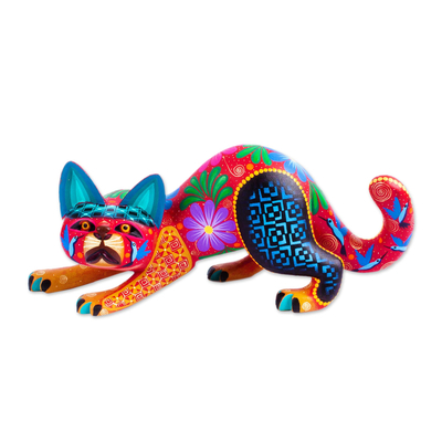 Copal Wood Crouching Cat Alebrije from Mexico