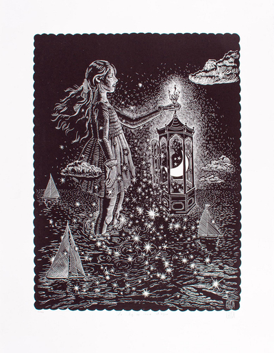 Signed Surrealist Girl and Moon Linoleum Print from Mexico