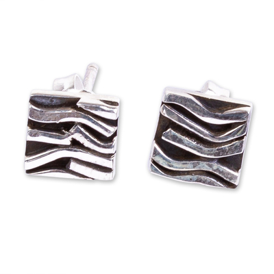 Patterned Taxco Silver Square Stud Earrings from Mexico