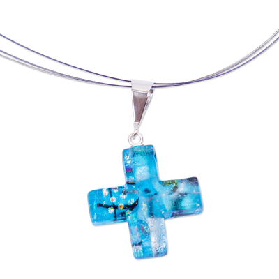 Handmade Dichroic Art Glass Cross Necklace in Turquoise Tone