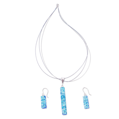 Dichroic Art Glass Icy Blue Necklace & Earrings Set