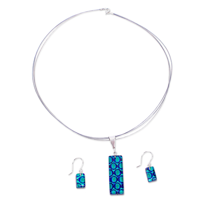 Blue & Aqua Dichroic Art Glass Necklace & Earrings Jewelry