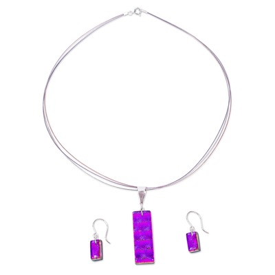 Shimmering Fuchsia Dichroic Art Glass Necklace-Earrings Set