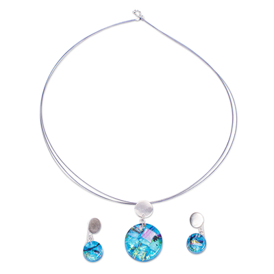 Aqua Dichroic Art Glass Necklace & Earrings Jewelry Set