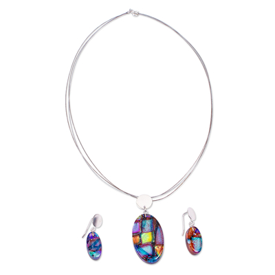 Colorful Dichroic Art Glass Necklace & Earrings Jewelry Set